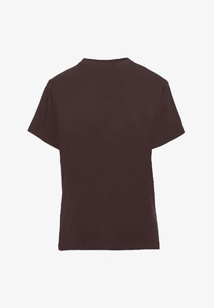 Barna kerek nyakú póló, rövid ujjú, laza szabású, sima textúrájú, látható minták vagy díszítések nélkül, egyszerű hátoldal.