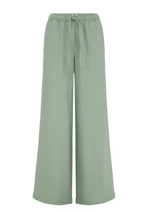 Hellgrüne, weit geschnittene Hose aus strukturiertem Stoff, mit elastischem Bund und verstellbarem Kordelzug für einen bequemen Sitz.