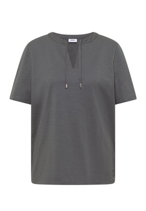 T-shirt manches courtes gris foncé avec un col rond, une encolure en forme de V et deux cordons suspendus sur fond blanc.