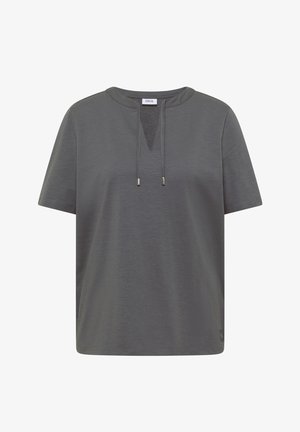 T-shirt manches courtes gris foncé avec un col rond, une encolure en forme de V et deux cordons suspendus sur fond blanc.