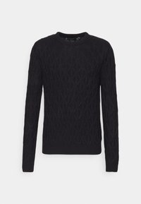 Svart stickad tröja med diamantmönster, rund hals och långa ärmar. Tillverkad av textil med struktur och ribbade manschetter samt nederkant.