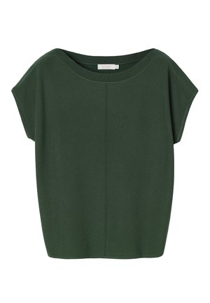 Haut en maille vert foncé à manches courtes, col rond large et coupe ample, étiquette taille petit.