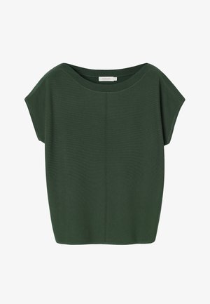 Haut en maille vert foncé à manches courtes, col rond large et coupe ample, étiquette taille petit.