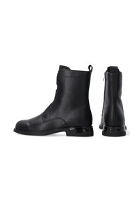 Schwarze Leder-Stiefeletten mit einer glatten Oberfläche, seitlichem Reißverschluss und einem glänzenden Absatzakzent. Sie verfügen über eine abgerundete Spitze und minimalistische Nähte.