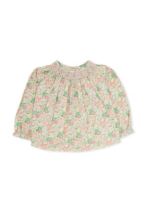 Blouse florale à manches longues dans des couleurs pastel, avec un col smocké, un design plissé et un tissu léger et texturé.