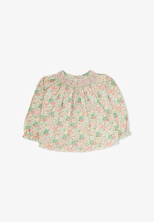 Kwiatowa bluzka z długim rękawem w pastelowych kolorach, z wykończeniem w stylu smock, plisowanym fasonem oraz lekkim, teksturowanym materiałem.