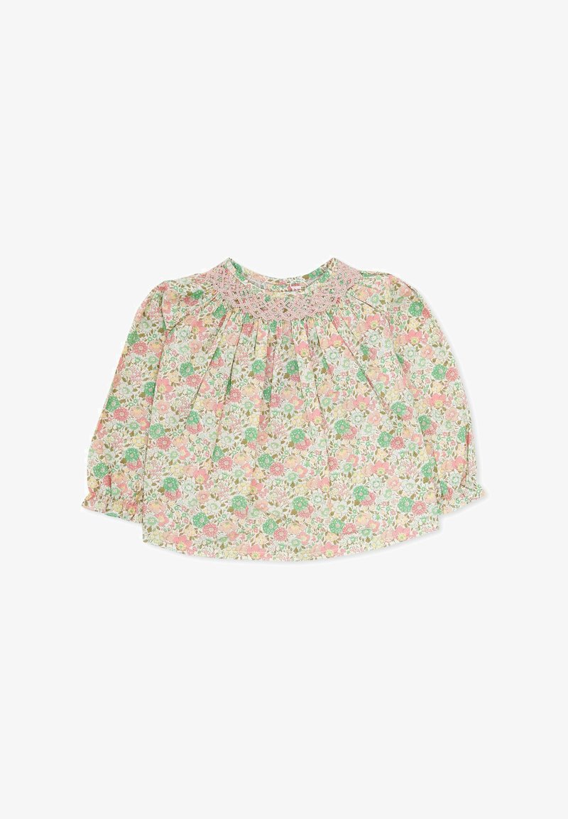 Kwiatowa bluzka z długim rękawem w pastelowych kolorach, z wykończeniem w stylu smock, plisowanym fasonem oraz lekkim, teksturowanym materiałem.