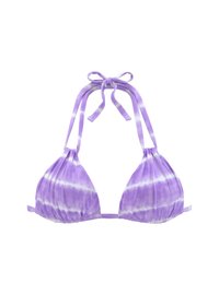 Fialový bikiny top s tie-dye vzorem, trojúhelníkovými košíčky, nastavitelnými ramínky a středovým mašlí. Vyrobeno z měkkého materiálu s elastickými pásky pro pohodlné nošení.