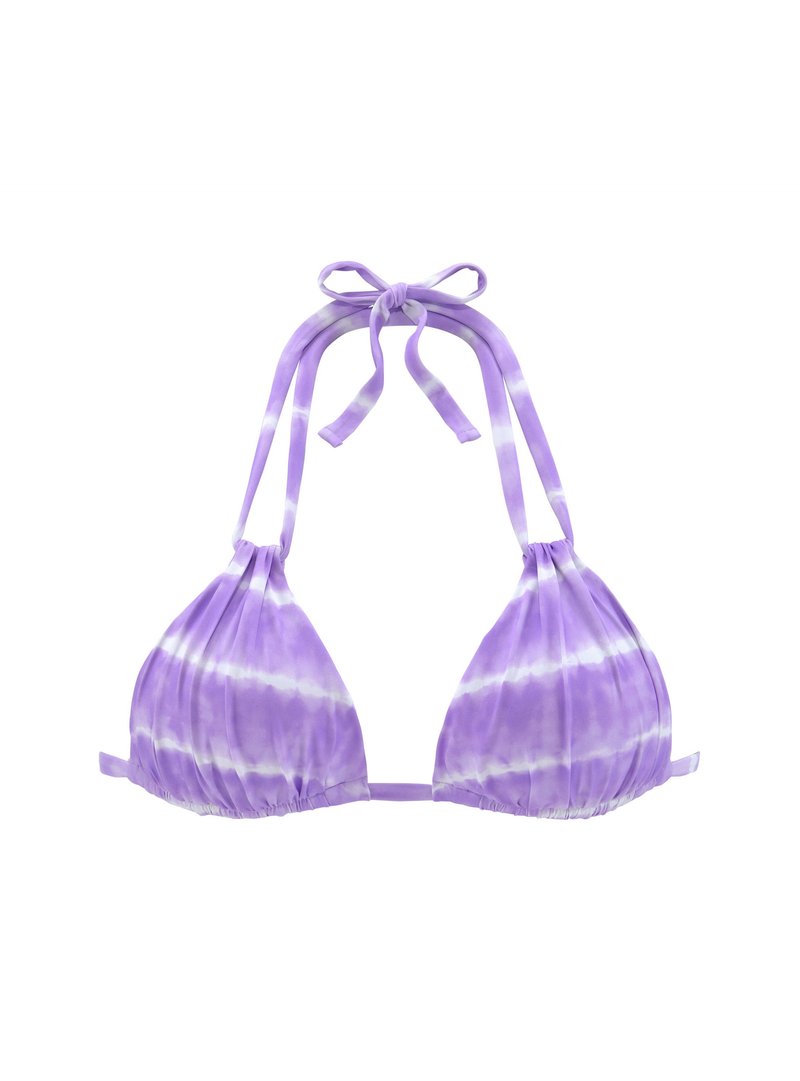 Fialový bikiny top s tie-dye vzorem, trojúhelníkovými košíčky, nastavitelnými ramínky a středovým mašlí. Vyrobeno z měkkého materiálu s elastickými pásky pro pohodlné nošení.