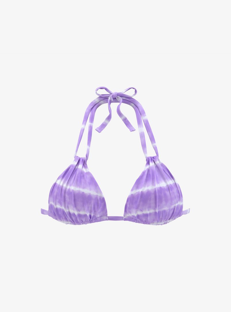 Fioletowy bikini z wzorem tie-dye, z trójkątnymi miseczkami, regulowanymi ramiączkami i kokardą na środku. Wykonany z miękkiego materiału z elastycznymi paskami dla lepszego dopasowania.