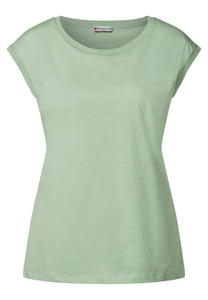 Lichtgroene t-shirt met korte mouwen, gemaakt van zachte katoen. Heeft een ronde halslijn en een ontspannen pasvorm met subtiele textuuraccenten op de mouwen.