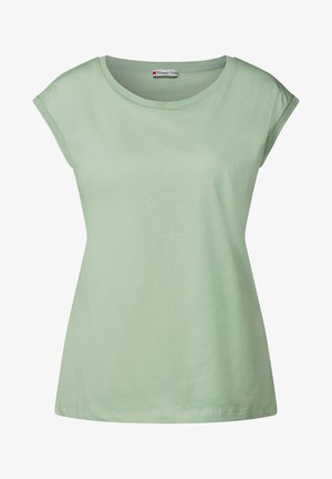 Lichtgroene t-shirt met korte mouwen, gemaakt van zachte katoen. Heeft een ronde halslijn en een ontspannen pasvorm met subtiele textuuraccenten op de mouwen.