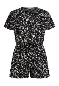 Czarny krótki kombinezon z krótkim rękawem, w biało-skalowany wzór, z elastycznym pasem, zapinany na guziki z przodu oraz marszczonymi detalami na ramionach.