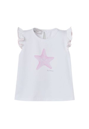 T-shirt bébé blanc sans manches avec des manches volantées rose clair et un motif étoile de mer rose souriante sur le devant.