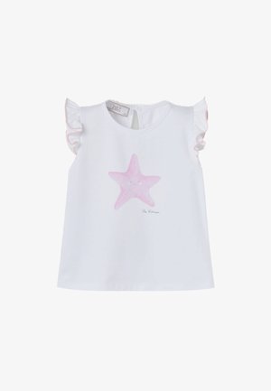 T-shirt bébé blanc sans manches avec des manches volantées rose clair et un motif étoile de mer rose souriante sur le devant.
