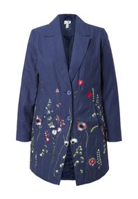 Blazer lungo blu navy con due bottoni frontali e fiori selvatici colorati ricamati che coprono la metà inferiore e le maniche.
