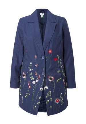 Blazer long bleu marine avec deux boutons à l'avant et des broderies de fleurs sauvages colorées couvrant la moitié inférieure et les manches.