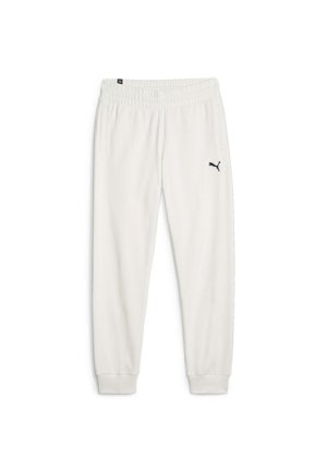 Witte joggingsbroek met een elastische tailleband, zijzakken en een zwart logo-accent. Heeft ribgebreide manchetten en een gladde stoftextuur.