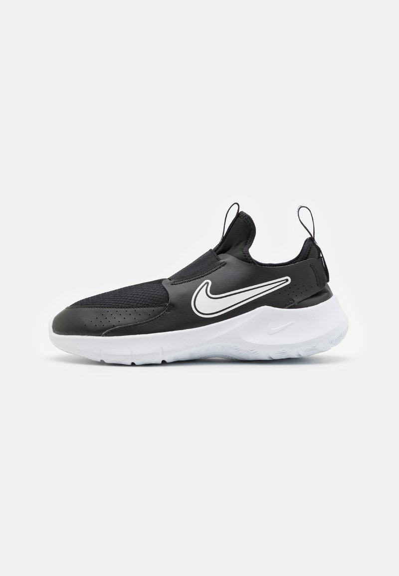 Black slip-on sneaker with a textured upper, white sole, and prominent white Nike logo. Features pull tabs on the heel for easy wear.