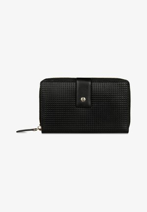 Schwarze, strukturierte Lederbrieftasche mit Reißverschluss und Druckknopfriemen, rechteckige Form und kleinem Metalllogo auf der Vorderseite.