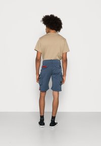Blauwe cargoshorts met meerdere zakken, gecombineerd met een beige t-shirt. De shorts hebben geborduurde accenten en een relaxte pasvorm.