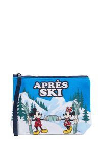 Borsa blu con Mickey e Minnie Mouse in abbigliamento invernale, che tengono tazze di fronte a montagne innevate, con il testo "APRÈS SKI" in evidenza.