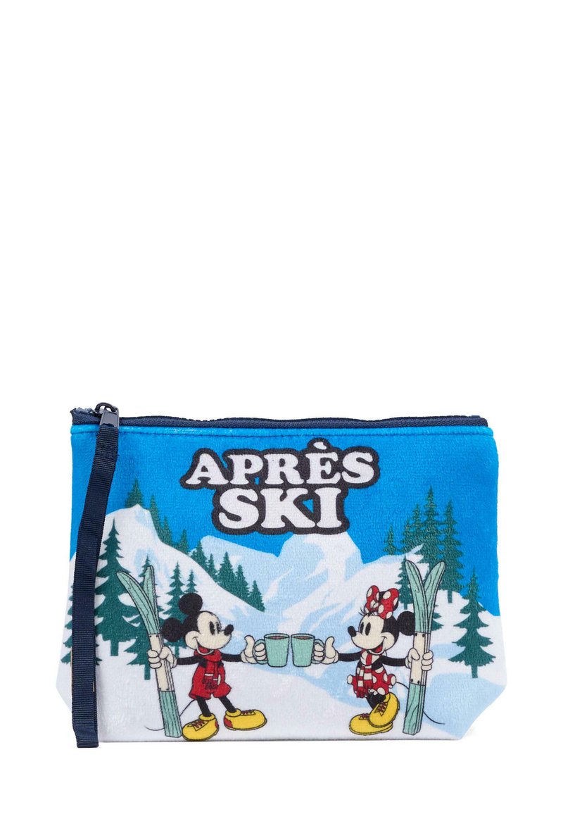 Borsa blu con Mickey e Minnie Mouse in abbigliamento invernale, che tengono tazze di fronte a montagne innevate, con il testo "APRÈS SKI" in evidenza.