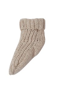 Beige gestrickte Socke mit einem gerippten Bündchen, das eine weiche Textur und ein gemütliches, abgerundetes Zehendesign aufweist.