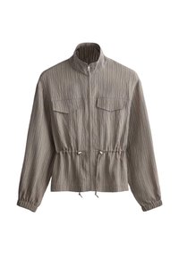Veste longue à manches longues marron clair texturée avec fermeture éclair à l'avant, col haut, poches à rabat sur la poitrine, poignets élastiques et cordons de serrage ajustables à la taille.