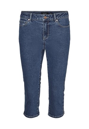Blå denim crop jeans med frontknap, lynlås, bæltestropper samt for- og baglommer.