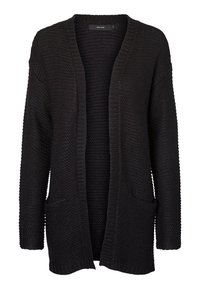 Musta neulejakku, jossa on avonainen etuosa, pitkät hihat ja kaksi etutaskua; teksturoitu kangas ja löysä istuvuus.