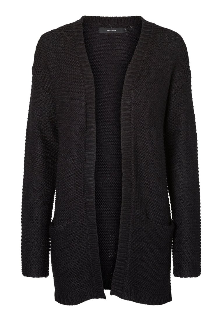 Musta neulejakku, jossa on avonainen etuosa, pitkät hihat ja kaksi etutaskua; teksturoitu kangas ja löysä istuvuus.