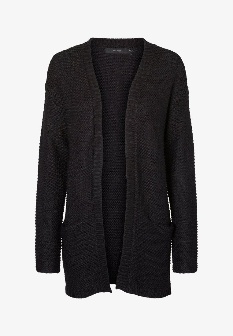 Musta neulejakku, jossa on avonainen etuosa, pitkät hihat ja kaksi etutaskua; teksturoitu kangas ja löysä istuvuus.