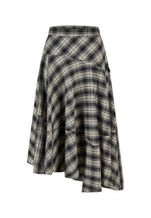 Asymmetrischer Midirock mit schwarz-weiß-grauem Karomuster und hohem Bund auf weißem Hintergrund.