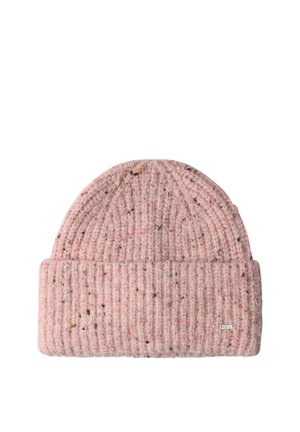 Gorro de punto rosa con puño doblado y pequeñas motas multicolores por toda la tela.