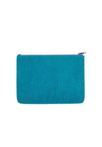 Pochette en velours côtelé teal avec une surface texturée, dotée d'une fermeture éclair violette. Le design rectangulaire est idéal pour ranger de petits objets.