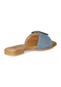 Blue woven slide sandal with a smooth tan footbed, featuring a metallic accent on the upper. Flat sole for easy wear.