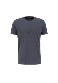 Grå bomulds T-shirt med korte ærmer, rund hals og en frontgrafik, der viser en abstrakt stjerne og tekst. Glat tekstur.