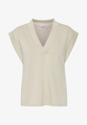 Beez värvi lühikeste varrukatega V-kaelusega topp, millel on mugav lõige. Pehme, tekstureeritud kangas lihtsa ja minimalistliku disainiga ning peente õmblusdetailidega.