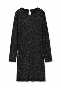 Robe noire ornée de sequins, avec des manches longues, un col rond et un dos avec une découpe en forme de clé. Texture lisse avec une silhouette ajustée.