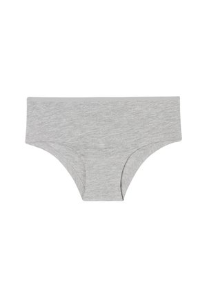 Šedé bavlněné hipster kalhotky s hladkým povrchem, které mají široký pás a bezešvé strany pro pohodlí. Bez vzorů nebo akcentů.