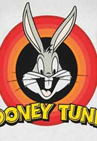 Gray cartoon rabbit with long ears, smiling broadly, centered on a black circle with red and orange concentric rings and "LOONEY TUNES" text below.