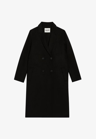 Abrigo negro de doble botonadura con solapas en pico, dos bolsillos frontales y textura suave. Presenta seis botones negros y un diseño minimalista.