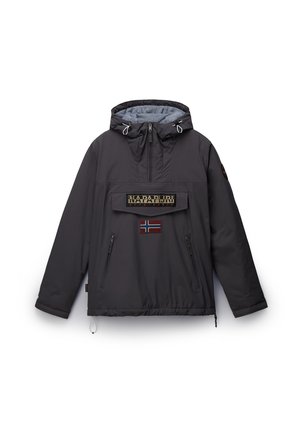 Mørkegrå anorak jakke med snoretræk i huen, forlommer og to sidelukninger. Har broderet mærke-logo og detalje med det norske flag.