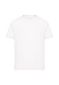 Weißes Baumwoll-T-Shirt, kurze Ärmel, Rundhalsausschnitt, schlichte Gestaltung, weiche Textur, einheitliche Farbe, gerader Schnitt, keine sichtbaren Nähte oder Logos.