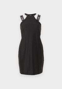 Μαύρο αμάνικο φόρεμα με λαιμόκοψη halter και διπλούς ιμάντες ώμου με λογότυπο, σε λευκό φόντο.