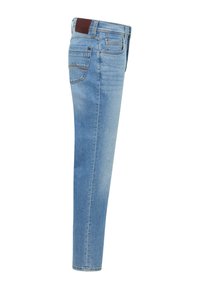 Light blue denim jeans with a straight cut, featuring a brown leather back patch and classic five-pocket design.