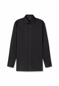 Zwarte langemouwenshirt gemaakt van gladde stof met een knoopsluiting aan de voorkant, puntige kraag en zwarte knopen. Tailored fit met omgeslagen mouwen.
