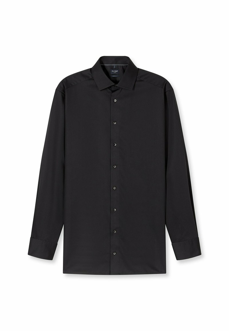 Zwarte langemouwenshirt gemaakt van gladde stof met een knoopsluiting aan de voorkant, puntige kraag en zwarte knopen. Tailored fit met omgeslagen mouwen.