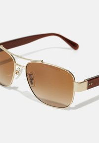 Lunettes de soleil teintées de marron avec une monture en métal doré et des branches en plastique texturé marron, présentant un motif subtil près de la charnière.